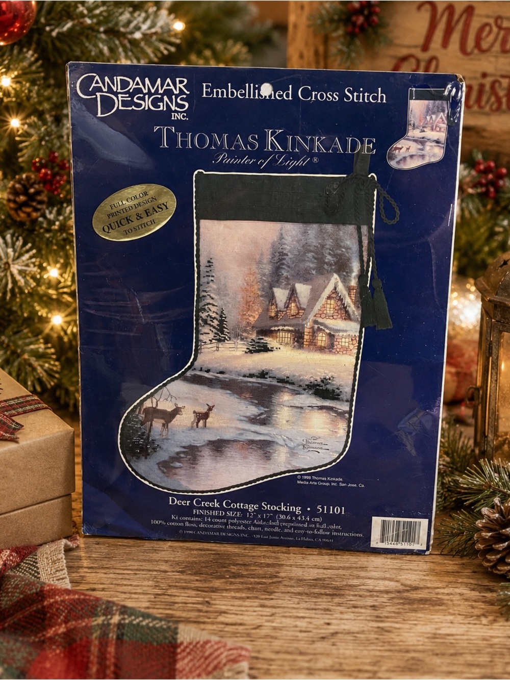 Thomas Kinkade Deer Creek Cottage Christmas Stocking Cross Stitch Kit 51101 1998